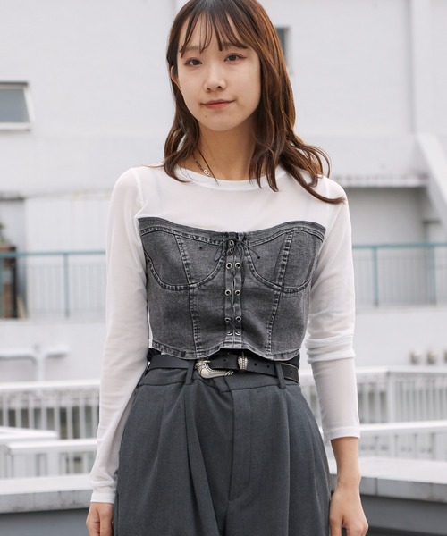 ROOP TOKYO tシャツ デニムコルセットビスチェ付き シアートップス