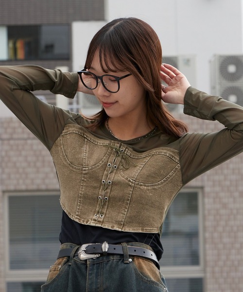 ROOP TOKYO tシャツ デニムコルセットビスチェ付き シアートップス