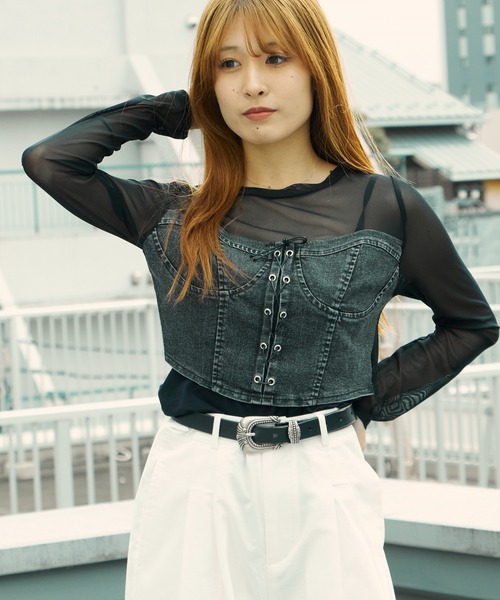ROOP TOKYO tシャツ デニムコルセットビスチェ付き シアートップス