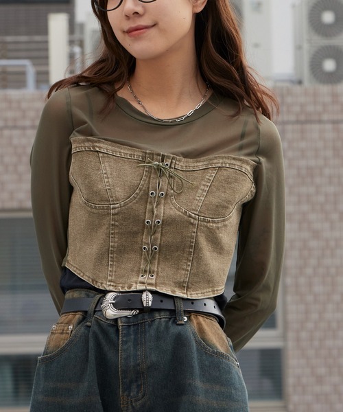 ROOP TOKYO tシャツ デニムコルセットビスチェ付き シアートップス