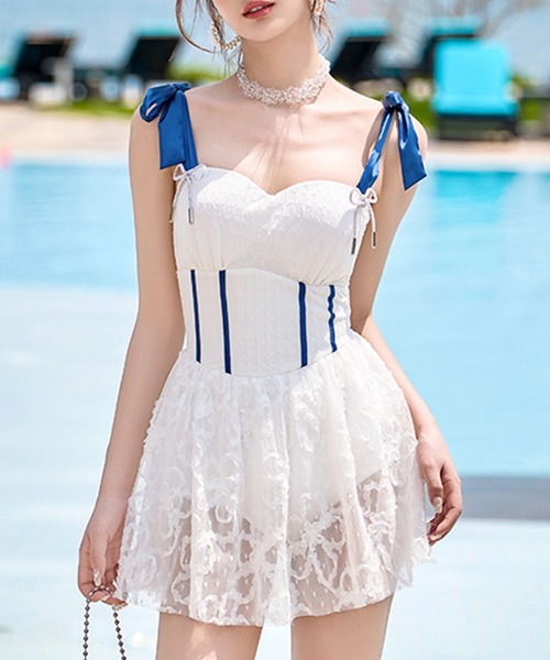 LODISPOTTO 水着　スカラップレース／ラメ／ネイビー×ホワイト TeddyShop（テディショップ） 水着 レディース水着 肩リボンレース