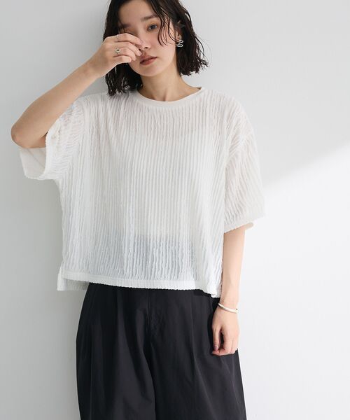 tシャツ フライスドットプリント　5分袖プルオーバー レディース Green Parks tシャツ 5分袖フリルカットプルオーバー レディース