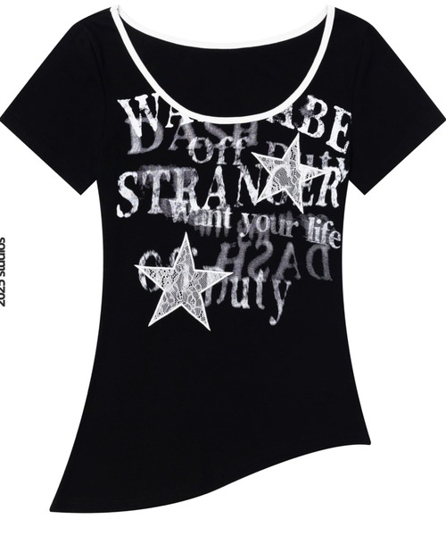 ZIPPER CLUB tシャツ asymmetry rock print Tshirt レディース