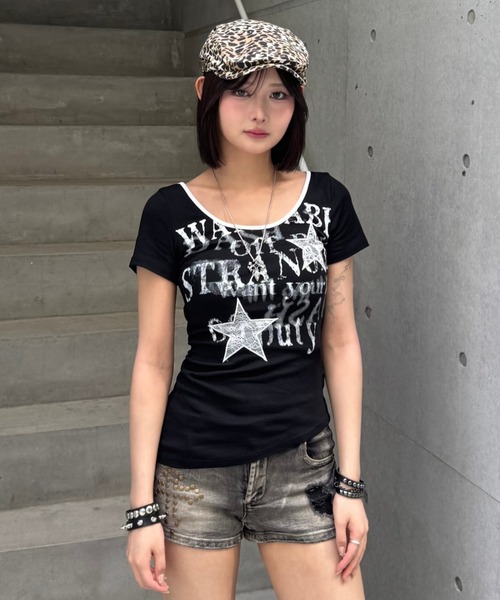 ZIPPER CLUB tシャツ asymmetry rock print Tshirt レディース