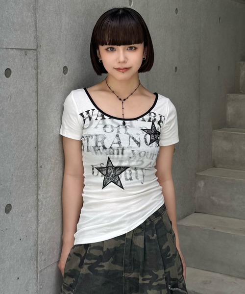 ZIPPER CLUB tシャツ asymmetry rock print Tshirt レディース メンズ