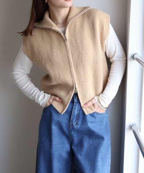 sin.ca ベスト ジレ スタンドカラーダブルジップニットベスト
