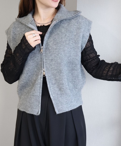 sin.ca ベスト ジレ スタンドカラーダブルジップニットベスト