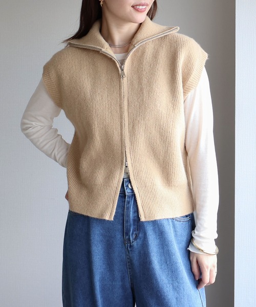 sin.ca ベスト ジレ スタンドカラーダブルジップニットベスト