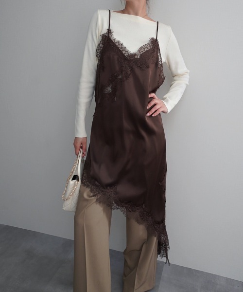⭐︎miu miu シルクサテンレースワンピース F56 Rashik ワンピース 「Rashik」アンバランスサテンレースキャミワンピ