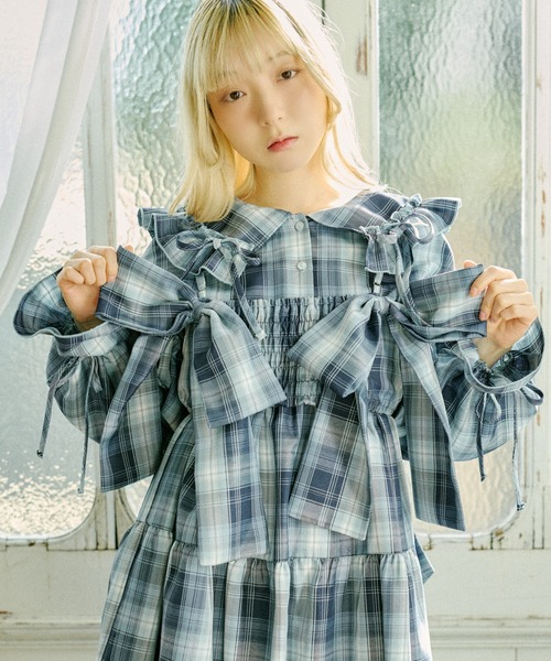 アンティークドール青と白のチェック柄 Original Tartan Check Babydoll JSK and Princess Drop Headdress by