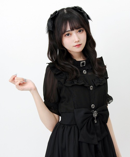 DearMyLove ワンピース 夏 半袖 チョーカー風クロスレースリボン