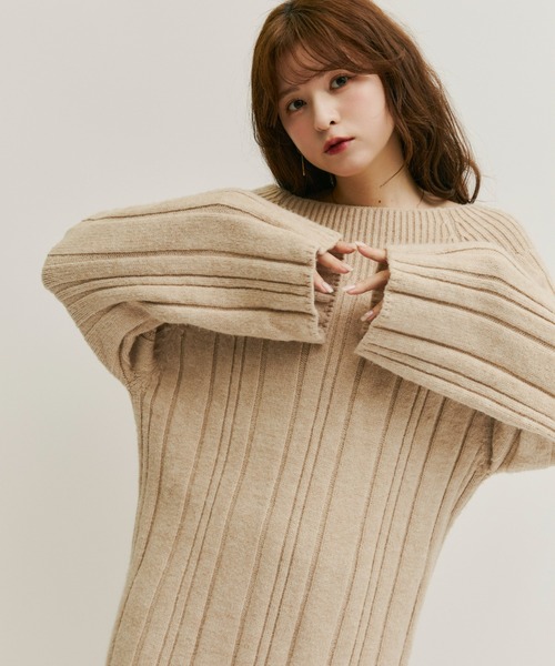 eminee × Olu. ランダムリブオフショルニットワンピース ランダムリブオフショルニットワンピース