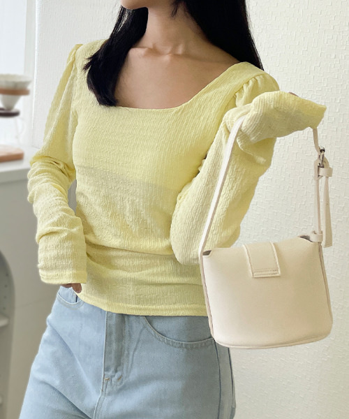 tシャツ スクエアネックパフスリーブ長袖tシャツ スリムフィット