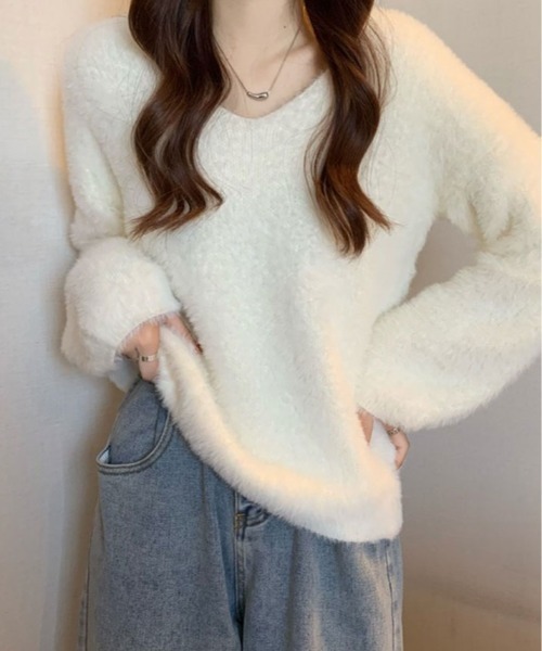 ニット セーター Vネック シャギー プルオーバー レディース