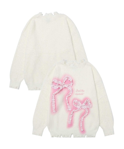 ニット セーター 「HOOK」for　girls　チェック柄リボン付きダメージニット レディース