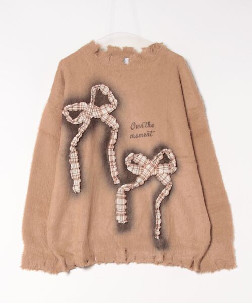 ニット セーター 「HOOK」for　girls　チェック柄リボン付きダメージニット レディース ニット セーター 「HOOK」for girls チェック柄リボン付き