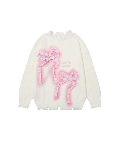 ニット セーター 「HOOK」for　girls　チェック柄リボン付きダメージニット レディース ニット セーター 「HOOK」for girls チェック柄リボン付き