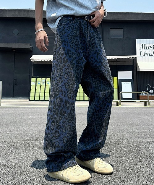B.R.U ジーンズ レオパード アニマル柄ストレートデニムパンツ メンズ