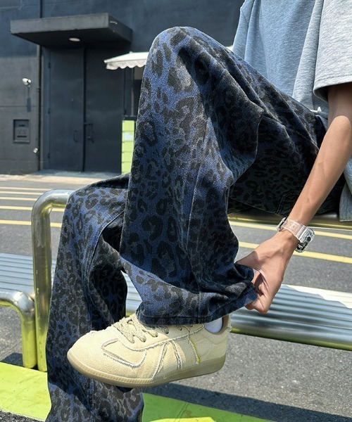B.R.U ジーンズ レオパード アニマル柄ストレートデニムパンツ メンズ