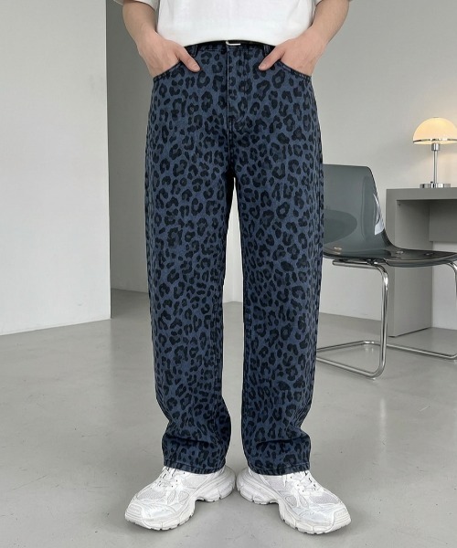 B.R.U ジーンズ レオパード アニマル柄ストレートデニムパンツ メンズ