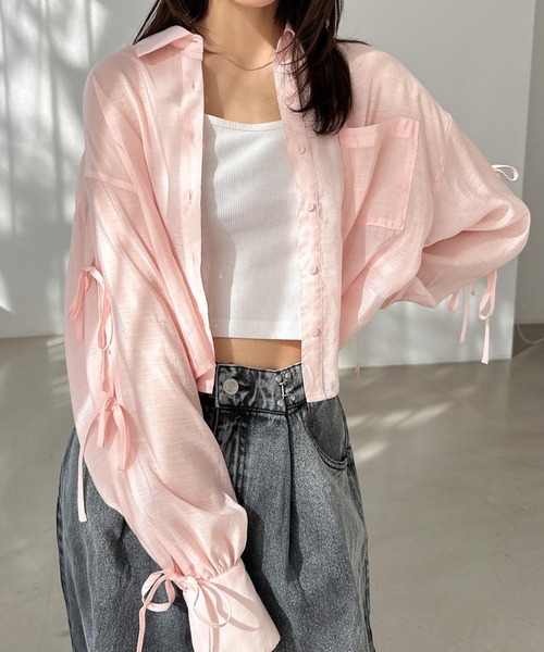 Freesia ブラウス シャツ シアー袖スリットリボンショート丈シャツ