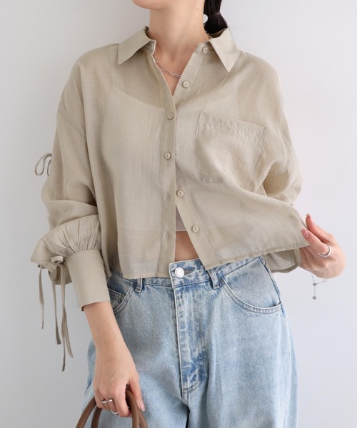 Freesia ブラウス シャツ シアー袖スリットリボンショート丈シャツ