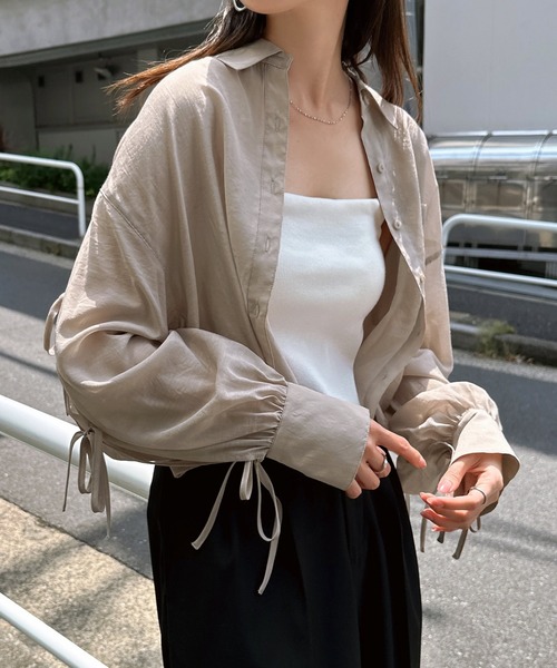 Freesia ブラウス シャツ シアー袖スリットリボンショート丈シャツ