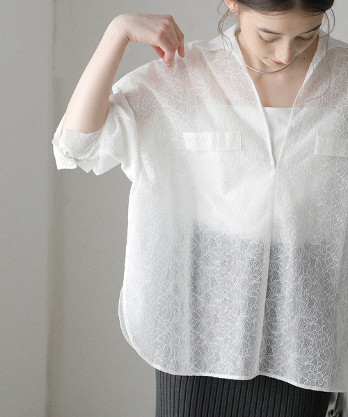 ブラウス シャツ 「洗える」レースボンディングシアーシャツ レディース