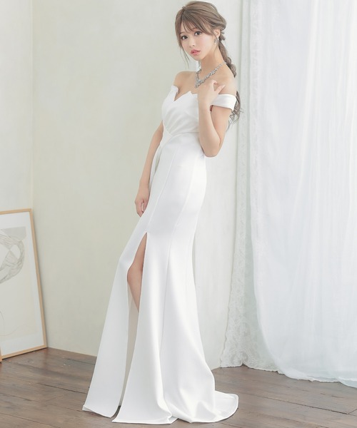 Tika ドレス オフショルダーサイドフリルワンカラースリット