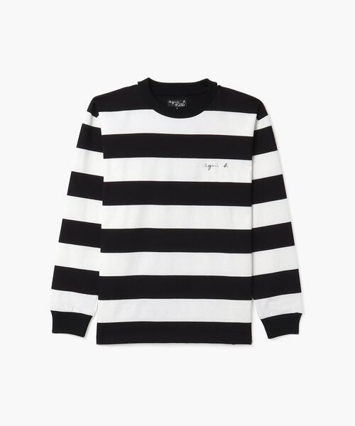 「agnes b.」 長袖カットソー X-LARGE ブラック×ホワイト レディース
