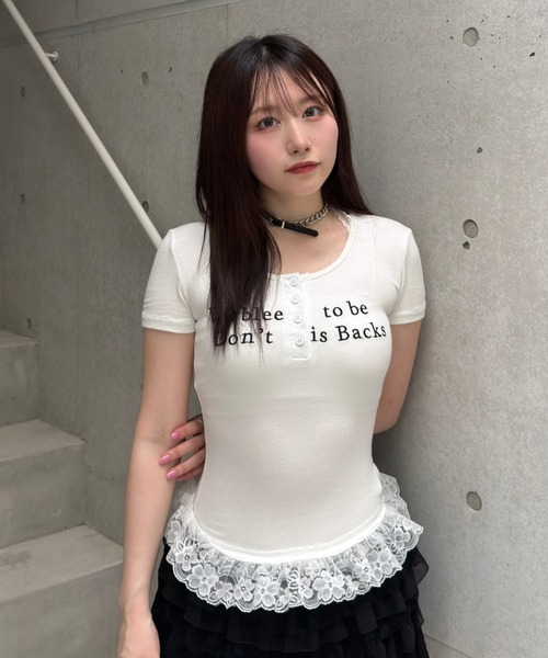レースフリル　グレーリブ　半袖 T シャツ　レディース　スリム脚長　miu ロゴ Lae tシャツ レースフリルロゴTシャツ レディース メンズ : ZOZOTOWN