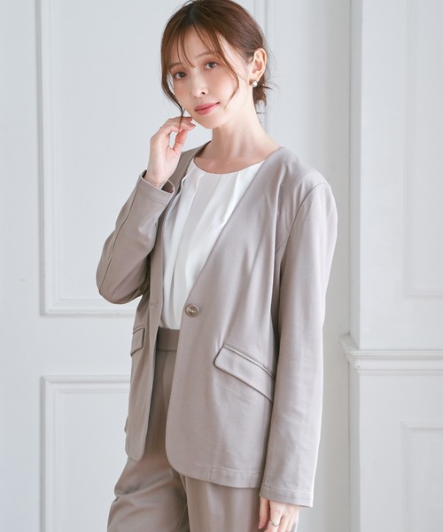GIRL ノーカラージャケット パンツセット XL 2L 3L グレー ベージュ フロリア Flolia 洗える スーツ セットアップ パンツスーツ ノーカラー