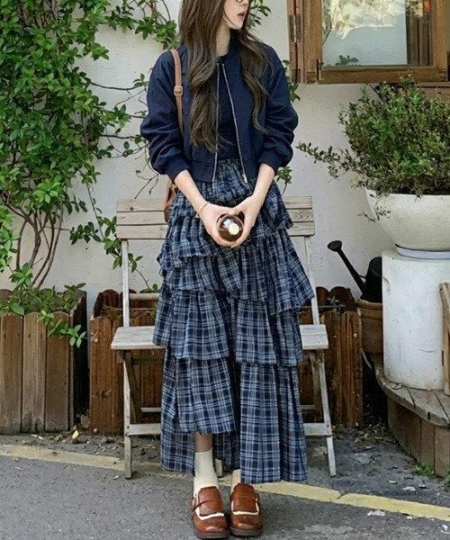 handmadeアンダースカート付ワンピースfree五分袖チェック紺 Ritomo De Ricco ワンピース チェックティアードドッキングワンピース