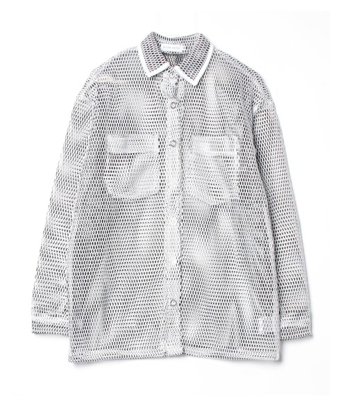 PGG メッシュホワイトシャツ BLANK HOTEL シャツ Piped Collar Mesh Overshirt / 襟パイピング