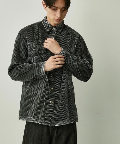 MASH iStock メッシュ長袖シャツ ブラック　L BLANK HOTEL シャツ Piped Collar Mesh Overshirt / 襟パイピング