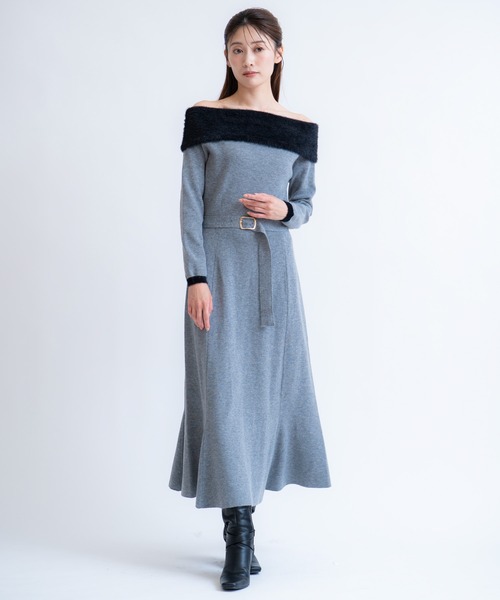 雪の女王～スノードームに秘めた「永遠」のカケラ～柄ワンピース NOELA（ノエラ） ワンピース フェザートリム配色ドッキングワンピース