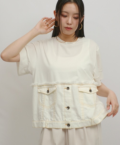 tシャツ デニムドッキングTOPS レディースの画像