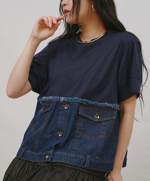 tシャツ デニムドッキングTOPS レディースの画像