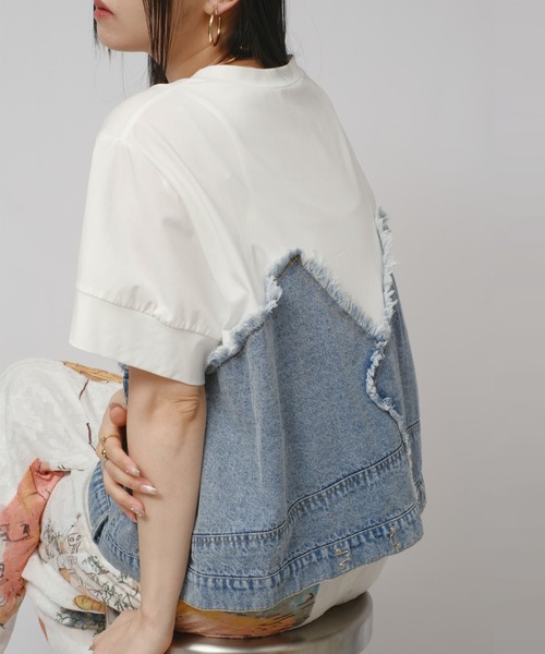 tシャツ デニムドッキングTOPS レディースの画像