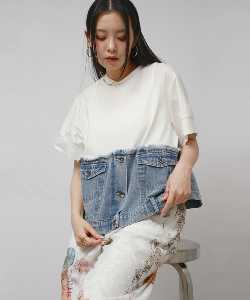 tシャツ デニムドッキングTOPS レディースの画像