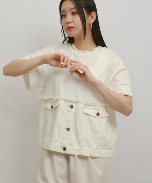 tシャツ デニムドッキングTOPS レディースの画像