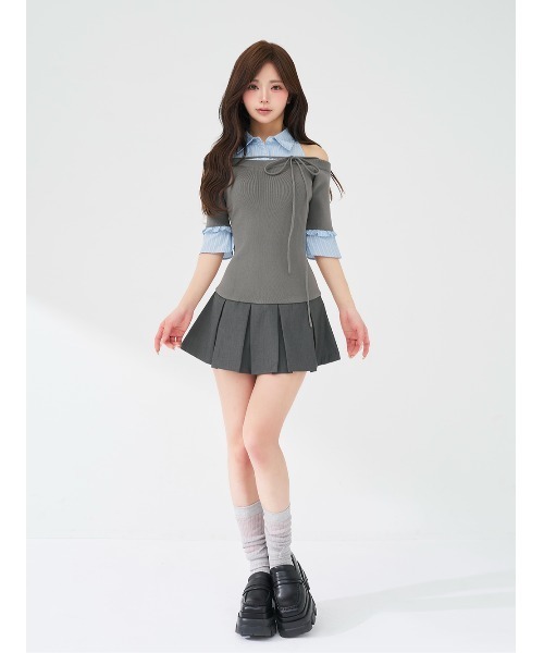 Darich（ダーリッチ） ワンピース シャツドッキングオフショルプリーツ