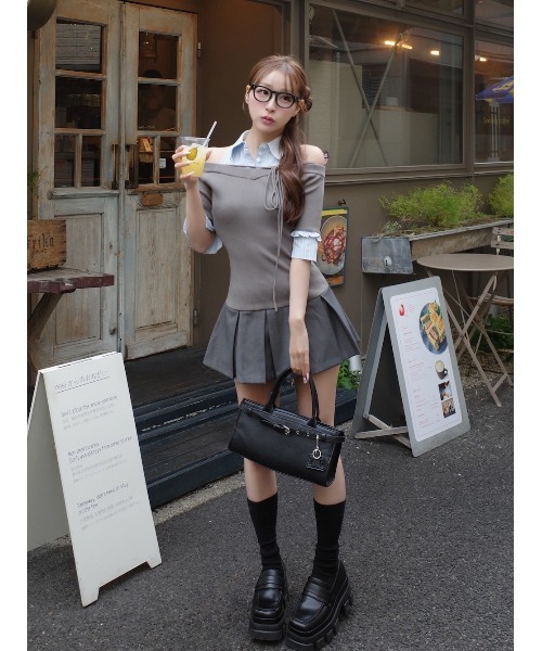 Darich（ダーリッチ） ワンピース シャツドッキングオフショルプリーツ