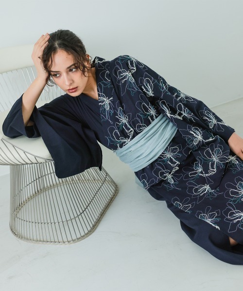 Callarus ゆかた 浴衣 「浴衣」花柄アシメ刺しゅう浴衣セット（簡易