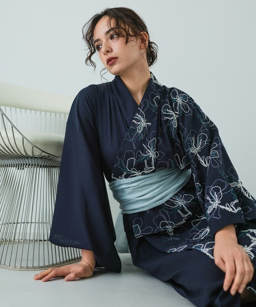 Callarus ゆかた 浴衣 「浴衣」花柄アシメ刺しゅう浴衣セット（簡易