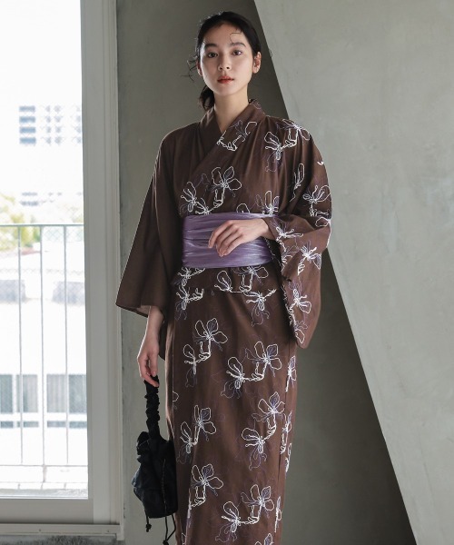 Callarus ゆかた 浴衣 「浴衣」花柄アシメ刺しゅう浴衣セット（簡易