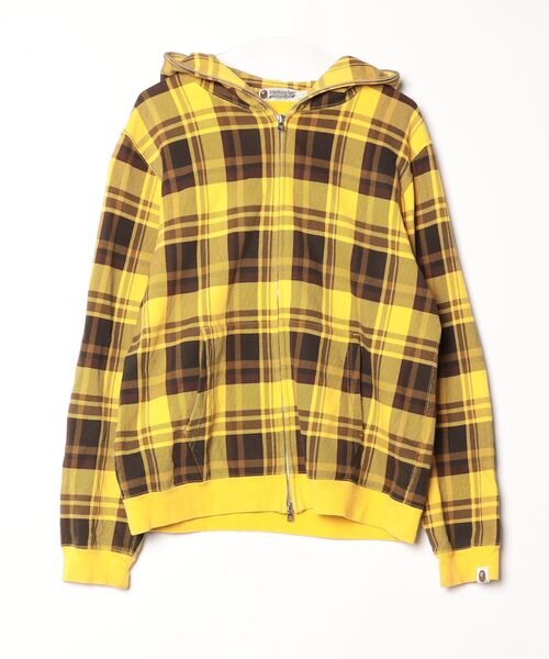 A BATHING APE イエロー チェック柄 ダブルジップ パーカー S A BATHING APE（アベイシングエイプ） チェック柄 ジップアップ