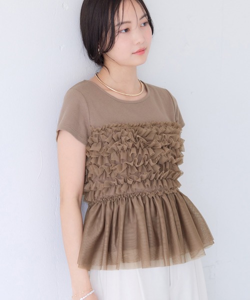 VIS（ビス） tシャツ 半袖 チュールフリルドッキングフレンチスリーブ 
