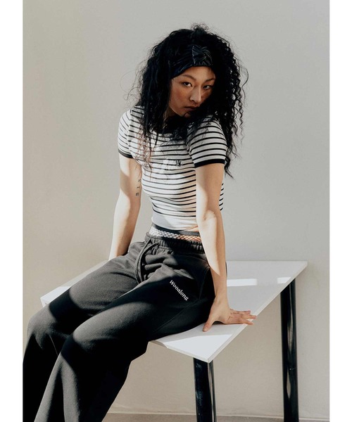 ●WOOALONG●LETTERING SLIT SPAN CROP T-SHIRT 2色 クロップ WOOALONG tシャツ Tシャツ 「WOOALONG/ウアロン」Double stripe