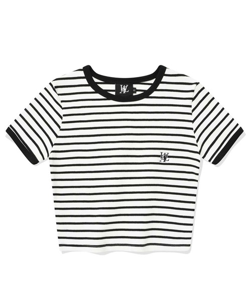 ●WOOALONG●LETTERING SLIT SPAN CROP T-SHIRT 2色 クロップ WOOALONG tシャツ Tシャツ 「WOOALONG/ウアロン」Double stripe